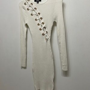 Off white, open angle front, laced white dress.